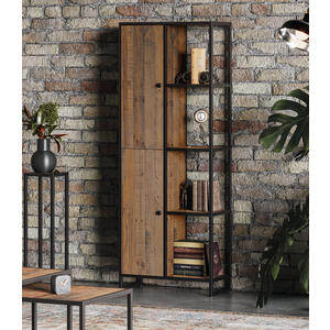 Ooki Reclaimed Wood & Black Steel Tall Funky Bookcase 2 Doors