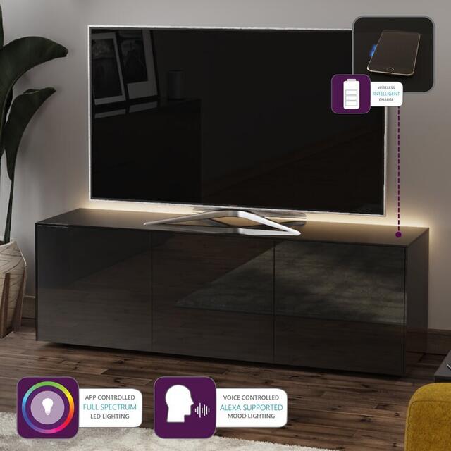 Frank Olsen TV Cabinet 150cm High Gloss Black with Wireless Phone Charger and LED Mood Lighting image 2