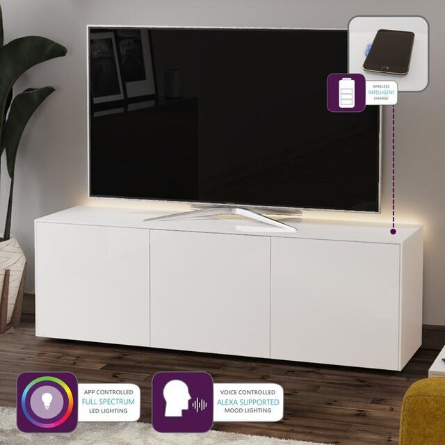 Frank Olsen TV Cabinet 150cm High Gloss White with Wireless Phone Charger and LED Mood Lighting image 2