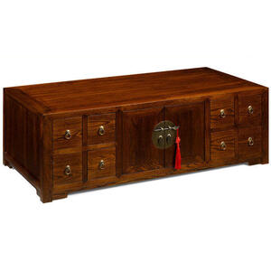 Chinese Low Wooden 8 Drawer Apothecary Cabinet - Dark Elm with Brass Handles