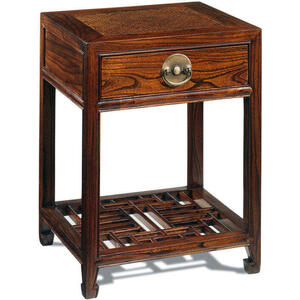 Oriental Carved Wooden 1 Drawer Bedside Table - Dark Elm with Brass Handle