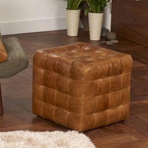 Brown Cerato Leather Patchwork Cube Footstool by The Orchard