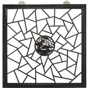 Oriental Carved Square Wood Panel, Black Lacquer