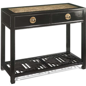 Oriental Carved Wood 2 Drawer Console Table - Black Lacquer with Brass Handles