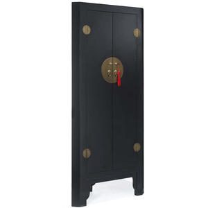 Chinese Tall Wooden 2 Door Corner Cabinet - Black Lacquer with Brass Handles