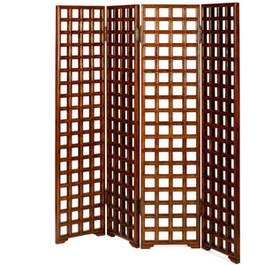 Oriental Carved 4 Panel Wooden Lattice Divider Screen - Dark Elm