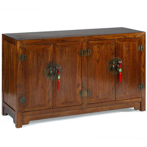Oriental Rustic Dark Wooden 4 Door Sideboard - Dark Elm with Brass Handles