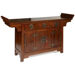 Chinese Wooden 3 Drawer 4 Door Altar Cabinet - Dark Elm with Brass Handles
