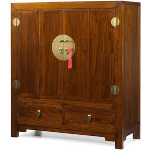 Chinese Wooden 2 Door 2 Drawer TV Cabinet - Dark Elm with Brass Handles