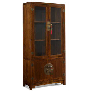 Chinese 4 Door Wooden Display Cabinet - Dark Elm with Antique Brass Handles