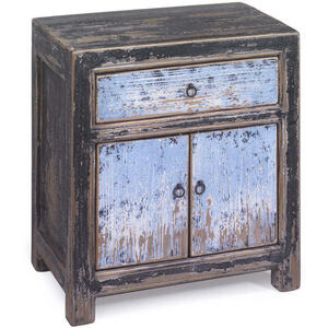 Oriental Rustic Painted Wood Bedside Cabinet 1 Drawer 2 Door in Blue and Black