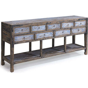 Oriental Rustic 9 Drawer Large Painted Wood Console Table in Blue and Black