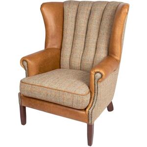 Gamekeeper Thorn Harris Tweed and Brown Cerato Leather Fluted Wing Armchair by The Orchard