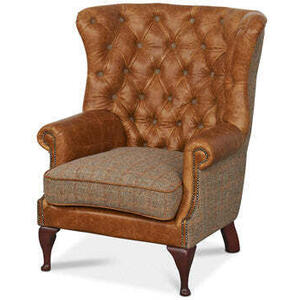 Brown Cerato Leather and Gamekeeper Thorn Harris Tweed Wing Wrap Armchair by The Orchard
