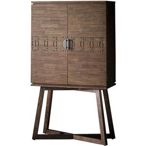 Boho Retreat Dark Brown Wooden Rustic Cocktail Cabinet with Carved Inlay Pattern
