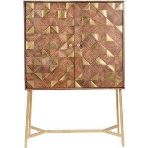Tate Geometric Wood Inlay Bar Cabinet in Brown and Gold