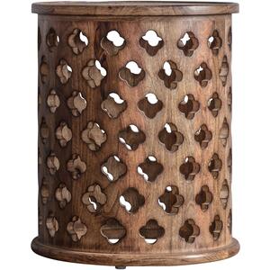Jaipur Indian Pierced Drum Mango Wood Side Table Hand Carved Natural Antique Finish