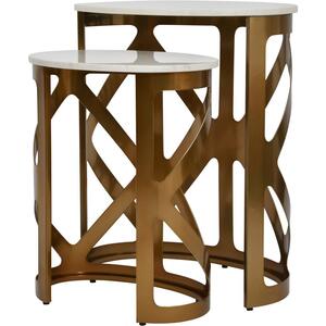 Metropolitan Set of 2 Side Tables Satin Bronze Finish with Off-White Marble by The Arba Furniture Company