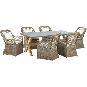 Maros/Olbia 6 Seater Natural Rattan Garden Dining Set with Concrete Top Wooden Table