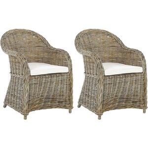 Set of 2 x Susua Natural Rattan Garden Chairs with White Cotton Cushions