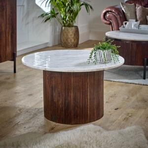 Opal Fluted Dark Wood Round Coffee Table With White Marble Top 