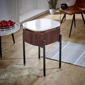 Opal Fluted Dark Wood Bedside Table With White Marble Top & Metal Legs 