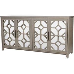 Campbell Antiqued Natural 4 Door Buffet Sideboard with Mirrored & Fretwork Front