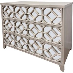 Campbell Antiqued Natural Three Drawer Chest with Mirrored & Fretwork Front