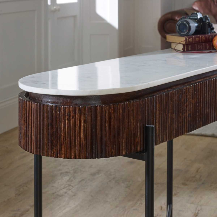 Opal Fluted Ark Wood Console Table With White Marble Top Metal Legs