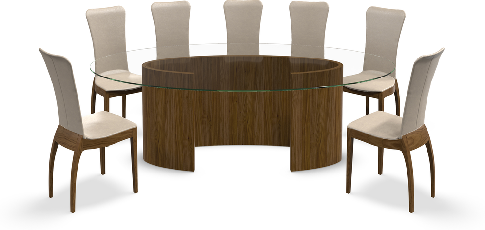 Tom Schneider Ellipse Large Curved Wood, Oval Glass Dining Table Set For 8