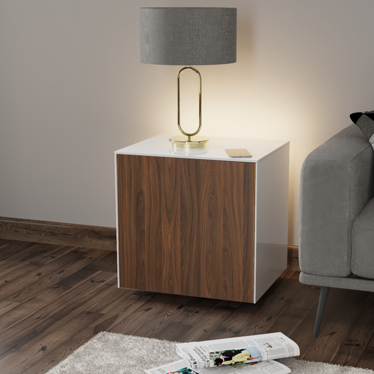 High Gloss White and Walnut Lamp Table with Wireless Phone Charger | Side tables