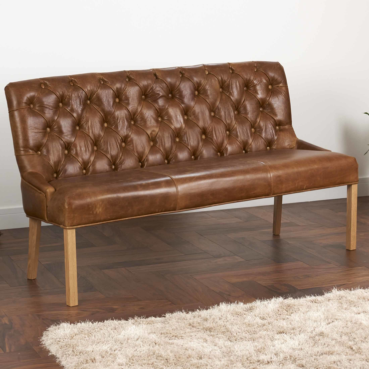 Castello Brown Cerato Leather Bench, Vintage Leather Bench With Backrest