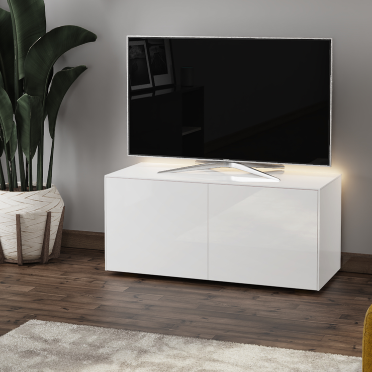 High Gloss White TV Cabinet 110cm with Wireless Phone Charging, LED Mood Lighting and Remote ...