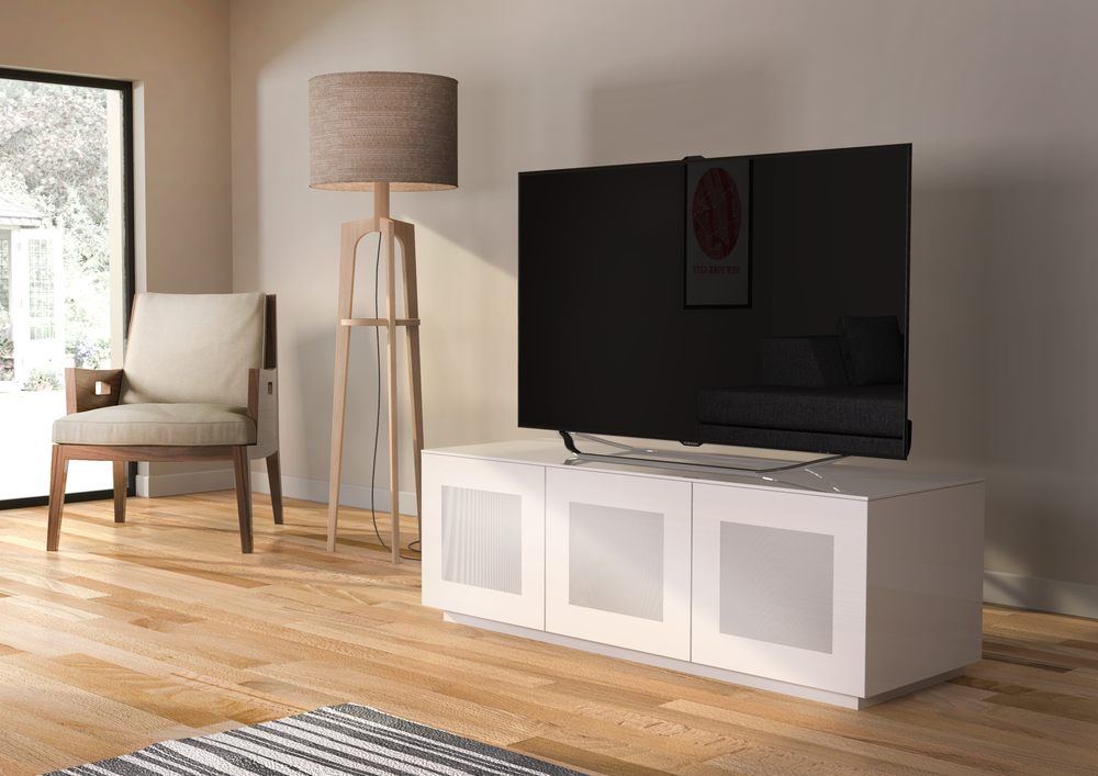 High Gloss White Tv Cabinet 140 Cm With Remote Friendly Doors Tv