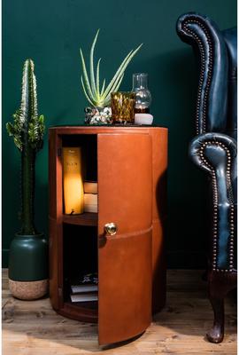 Round Tan Leather Bedside Table Ethnic