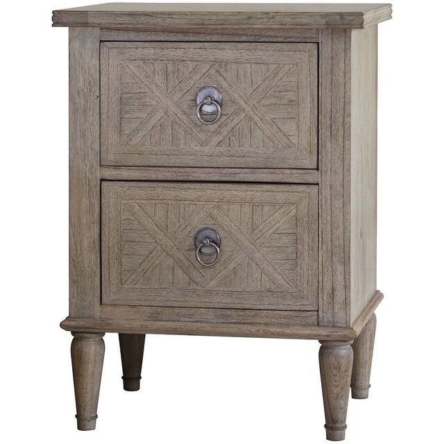 Mustique French Colonial 2 Drawer Bedside Table in Mindy Wood with Inlaid  Parquet Design | Bedside tables