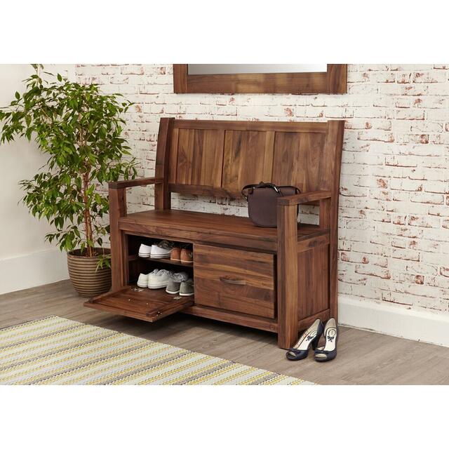 Mayan Walnut Monks Rustic Bench with Shoe Storage