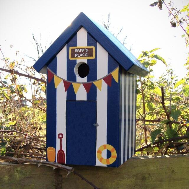 Handmade Beach Hut Wooden Bird House with Personalised Text