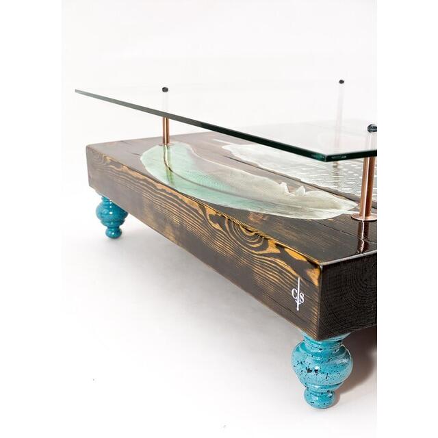 Quirky Bird Feather Wood Slab Coffee Table with Glass Top image 2