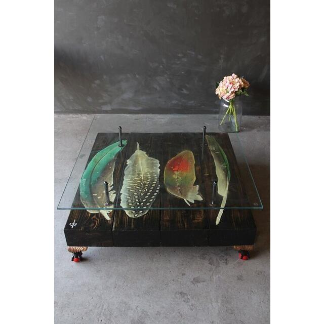 Quirky Bird Feather Wood Slab Coffee Table with Glass Top image 3