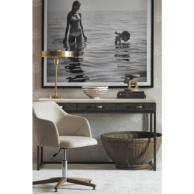 Koda Art Deco Height-Adjustable Swivel Desk Chair in Natural Linen Fabric image 2