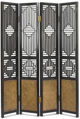 Oriental Ming 4 Panel Wooden Divider Screen - Black Lacquer