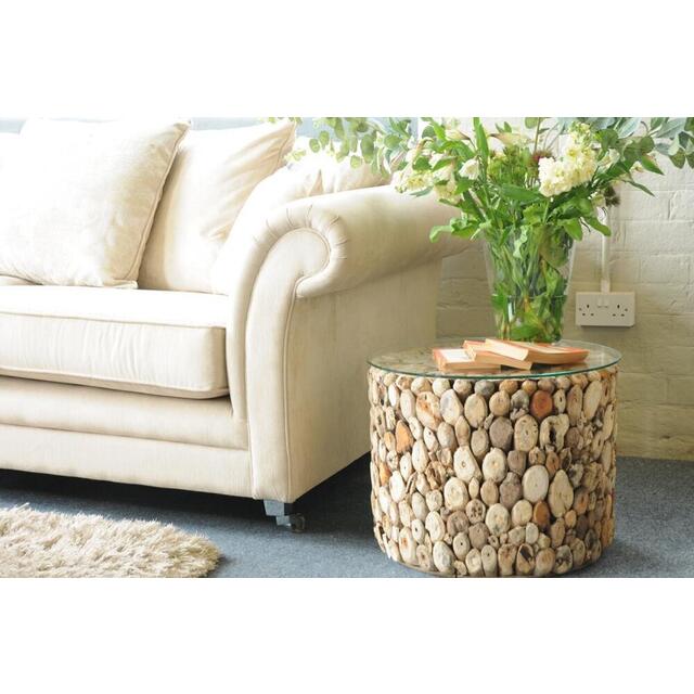 Driftwood Round Drum Lamp Table with Glass Top image 4
