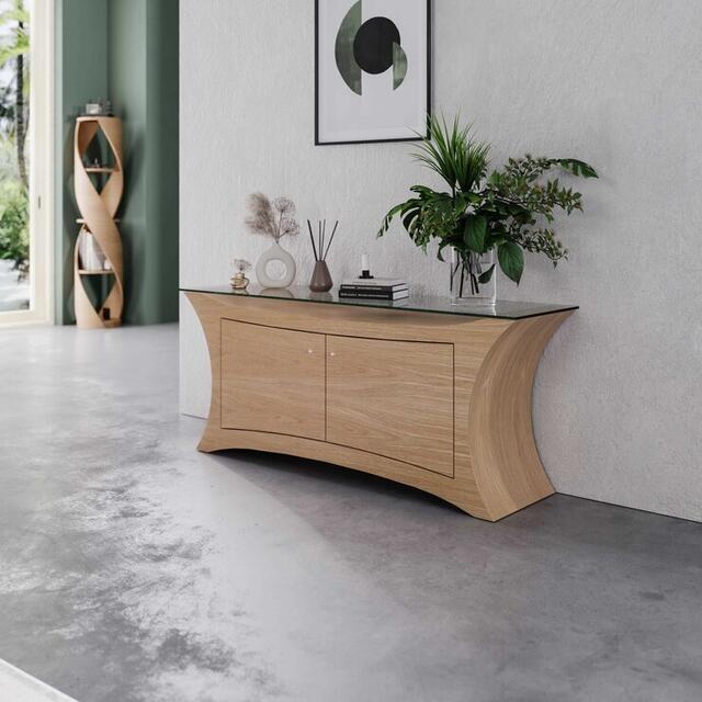 Tom Schneider Atlas Small Curved Wooden 2 Door Sideboard with Glass Top 140cm Wide image 5