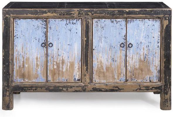 Oriental Rustic 4 Door Painted Wood Sideboard in Blue and Black image 3
