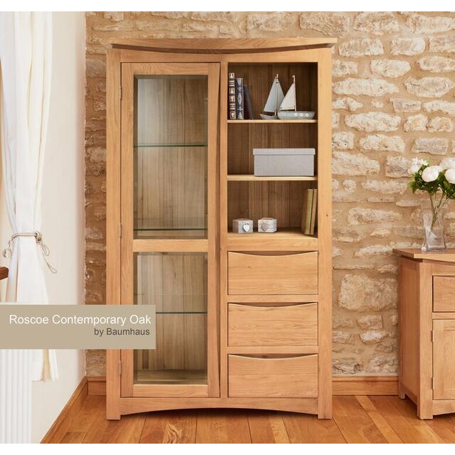 Roscoe Contemporary Oak Glazed Display Cabinet with 3 Drawers