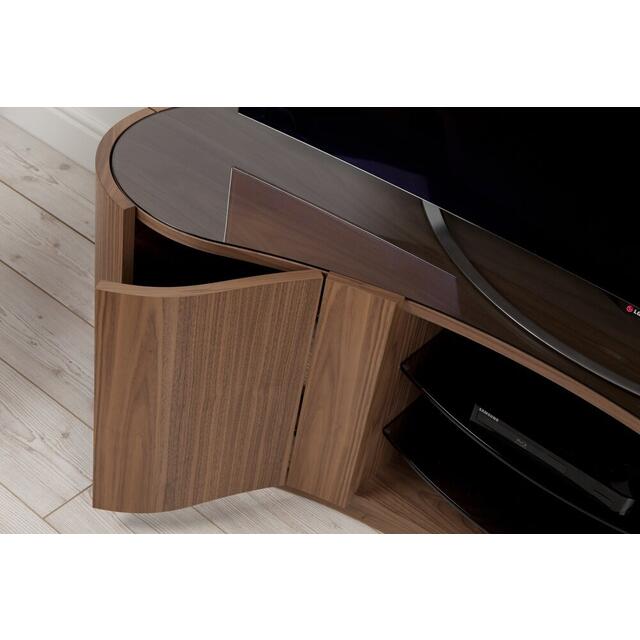 Tom Schneider Swirl Small Curved Wooden TV Media Cabinet with Glass Top and Shelves 140cm Wide image 3