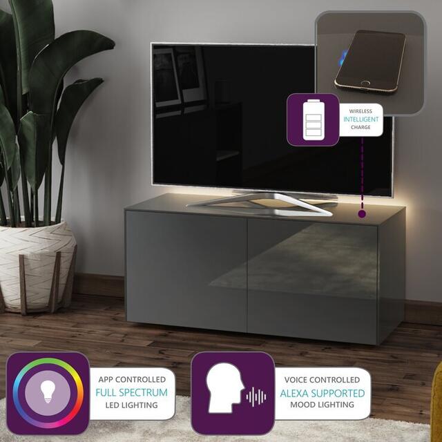 Frank Olsen TV Cabinet 110cm High Gloss Grey with Wireless Phone Charging, Mood Lighting and Remote Control Eye image 2