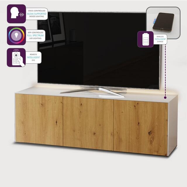 Frank Olsen TV Cabinet 150cm High Gloss White and Oak Effect with Wireless Phone Charging and Mood Lighting image 4