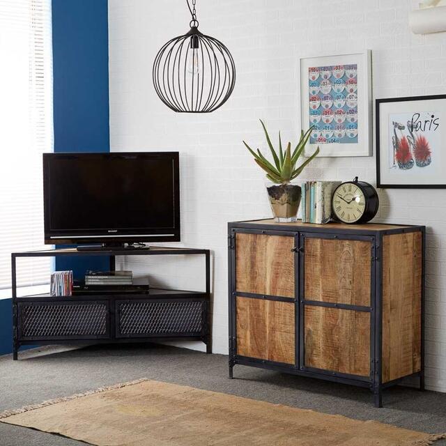 Ascot Industrial Reclaimed Black Metal Corner TV Unit